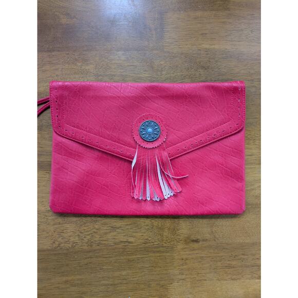 Vintage Red Faux Leather Clutch Boho Fringe Oversize 70s 80s Southwestern Wrist - Picture 6 of 8